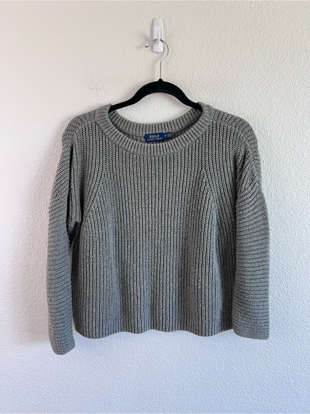 Polo Ralph Lauren Grey Boxy Ribbed Cropped Cotton Pullover Sweater Fisherman